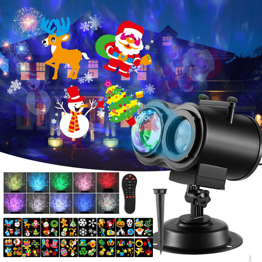 Christmas Halloween LED Projector Lights, 2-in-1 Ocean Wave Moving Patterns Projector Lights with 16 Slides 10 Wave Colors, Waterproof Outdoor Indoor for Party Holiday Halloween Courtyard Decoration