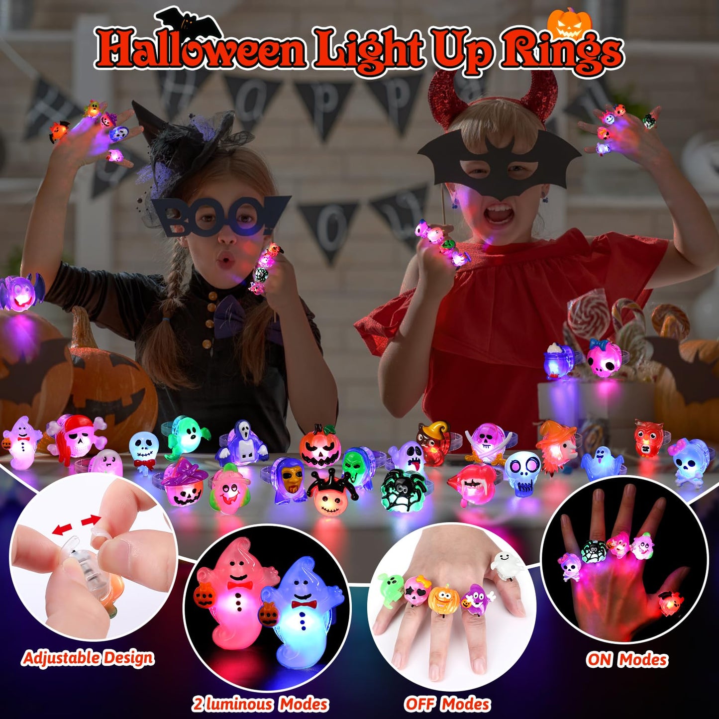 Nucifer 50 Pcs Halloween Treats Light Up Rings Toys Bulk 3D LED Flashing Glow In The Dark Rings Party Supplies Prizes Non Candy Treats Halloween Party Favors Gifts Toys Kids Adults Goodie Bag Stuffers
