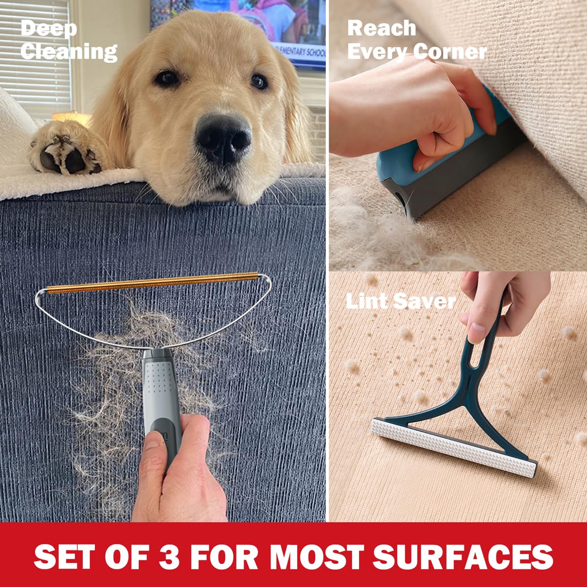 Pet Hair Removal Tools (3-Pack), Dog Cat Hair Remover Pro, Lint Shaver Cleaner, Fur Removal Carpet Scraper, Fuzz Hairball Brush for Carpet, Car Mat, Clothes, Couch, Pet Bed, Cat Tree, Furniture