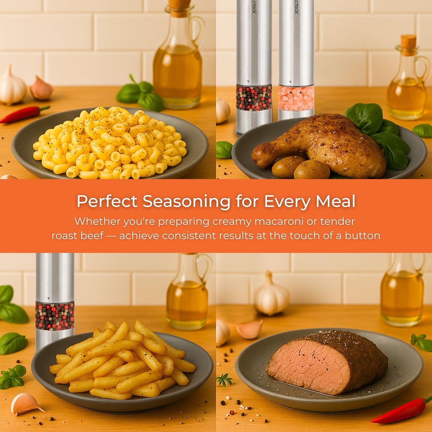 Innoteck Essentials Electric Salt and Pepper Mill Set - Battery-Operated Stainless-Steel Pepper Mill with Light - One Touch Operation - Salt & Pepper Mills - Adjustable Coarseness - Ceramic Grinder