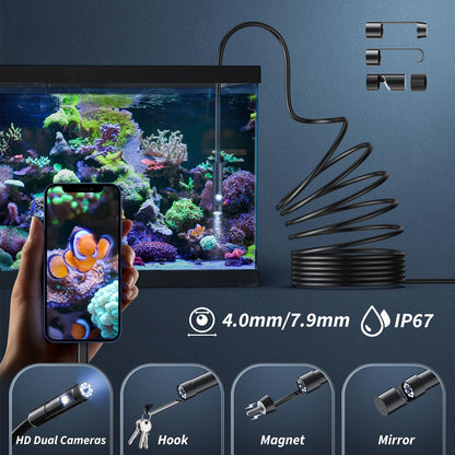 Endoscope Camera with Light,1920P HD Borescope Tools with 8 Adjustable LED Lights, Endoscope with Semi-Rigid Snake Camera, IP67 Waterproof Inspection Borescope for iOS and Android-16.4ft Dual-Lens