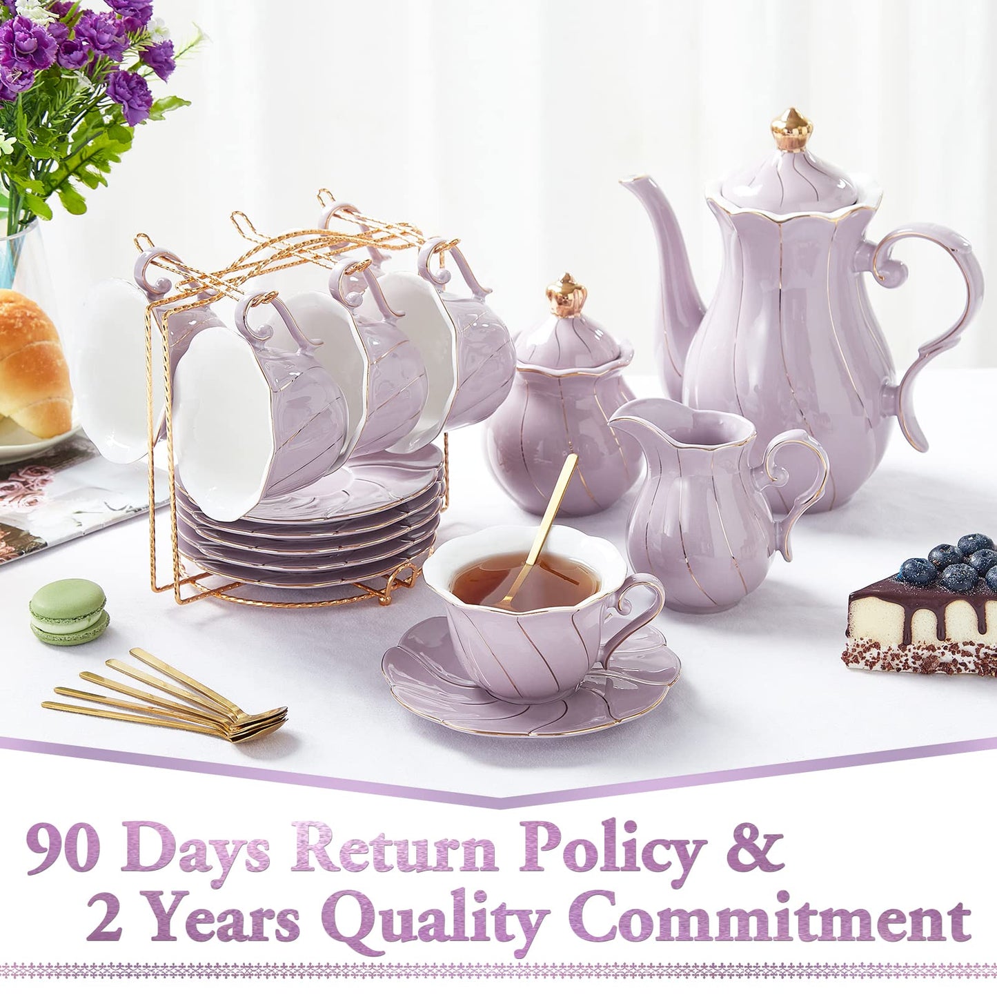 DUJUST 22 pcs Porcelain Tea Set for 6, Luxury British Style Tea/Coffee Cup Set with Golden Trim, Beautiful Tea Set for Women, Tea Party Set, Gift Package (With a Stand) - Purple