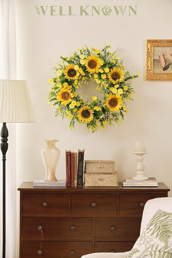 Well Known 21 Inch Sunflower Wreath for Front Door - Yellow Fall and Summer Decor - Handmade Silk Floral Arrangement for Home, Party, Festival, Wedding
