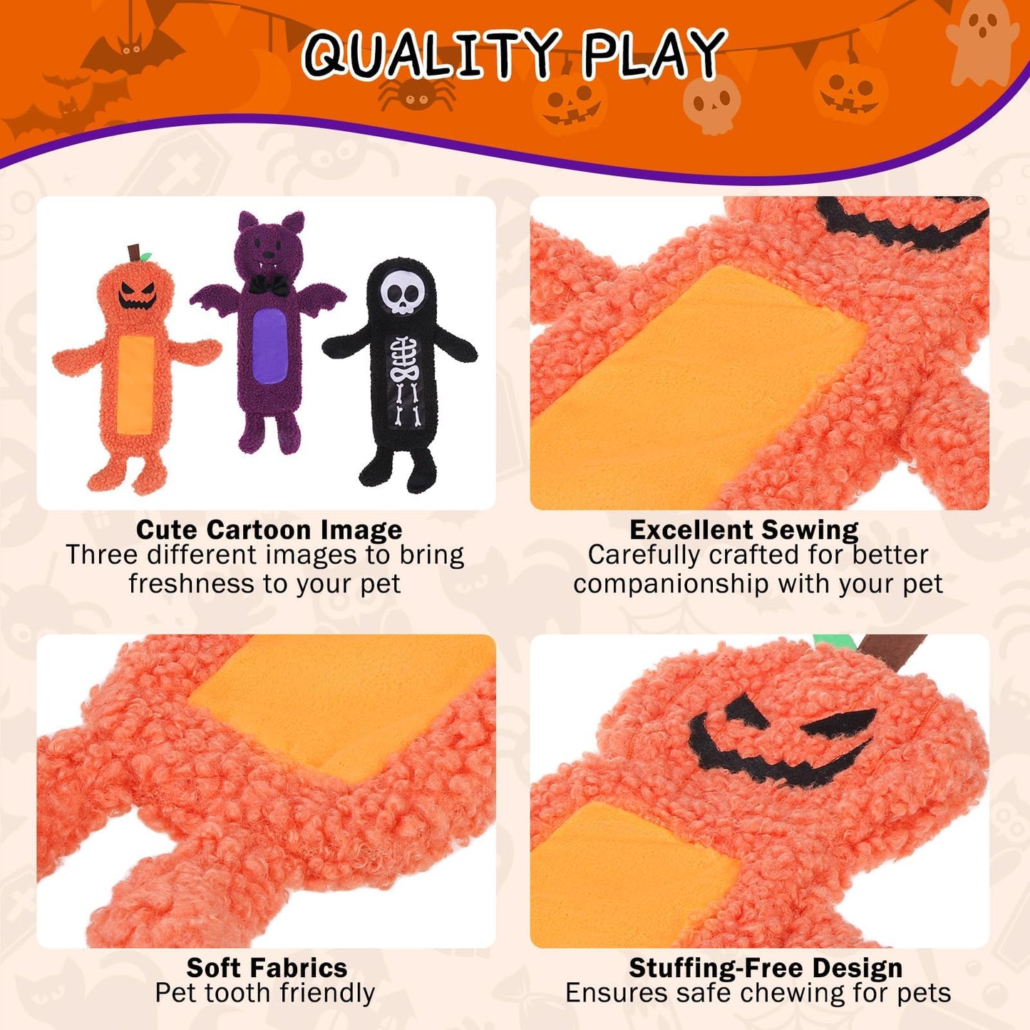 SCENEREAL Stuffless Halloween Dog Squeaky Toys for Small Medium Dogs, Crinkle Puppy Chew Toy, 3 Pack Cute Animals Shape Soft Pet Plush Teething Toys(Skeleton & Pumpkin & Bat)