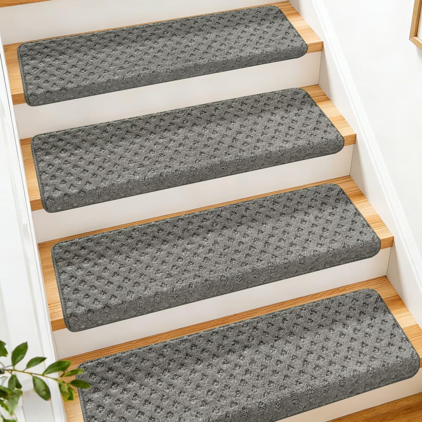 DEXDE Bullnose Carpet Stair Treads Non Slip for Wooden Steps Indoor, 30" x 9.5" x 1.7" (7 Pack) Grey - Peel and Stick Stair Runner Rugs with Edge Protection, Washable & Reusable Pet Friendly Mats