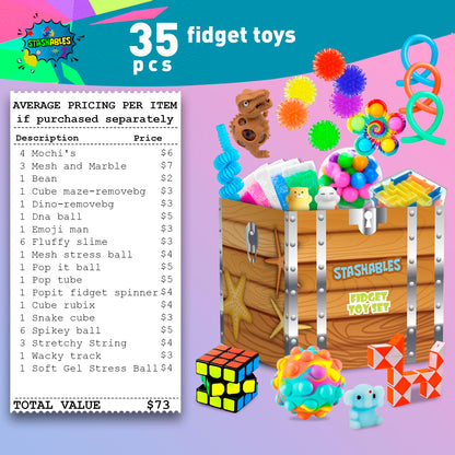 Sensory Fidget Toys Pack - Stress Relief and Anti Anxiety Toys for Kids - Cool Fidget Packs with Stress balls, Fidget Cube, & More for Party Favours, Prizes, Travel, & Pinata Stuffers