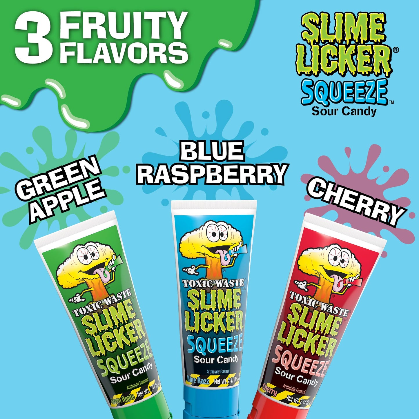 TOXIC WASTE - Slime Licker Squeeze - Sour Squeeze Slime Candy - Green Apple, Blue Razz, & Cherry Flavors - 2.47 oz. Tubes - 3 Pack