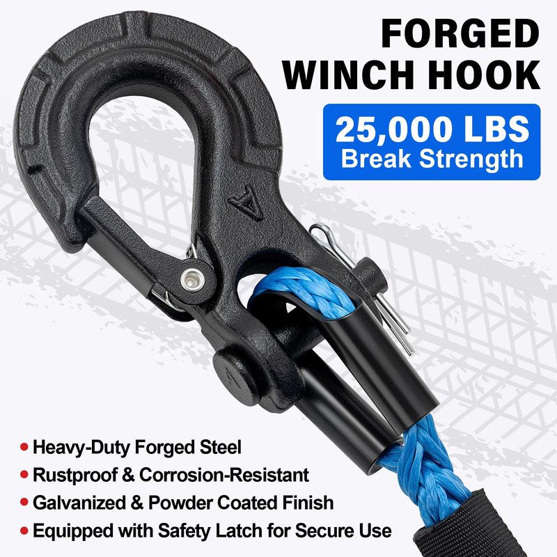 HOKINETY Synthetic Winch Rope Kit - 1/4" x 50' 10000 lbs Synthetic Winch Cable for ATV UTV Off-Road Vehicles with Forged Hook, Rubber Stopper, Protective Sleeve and Safety Pull Strap - Blue