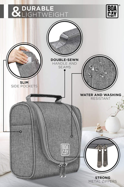 BOACAY Small Hanging Travel Toiletry Bag for Women & Men, Makeup Bag, Shower & Wash Bag, Organiser Kit for Cosmetics, Essentials, Travel Accessories (S) Quartz Gray