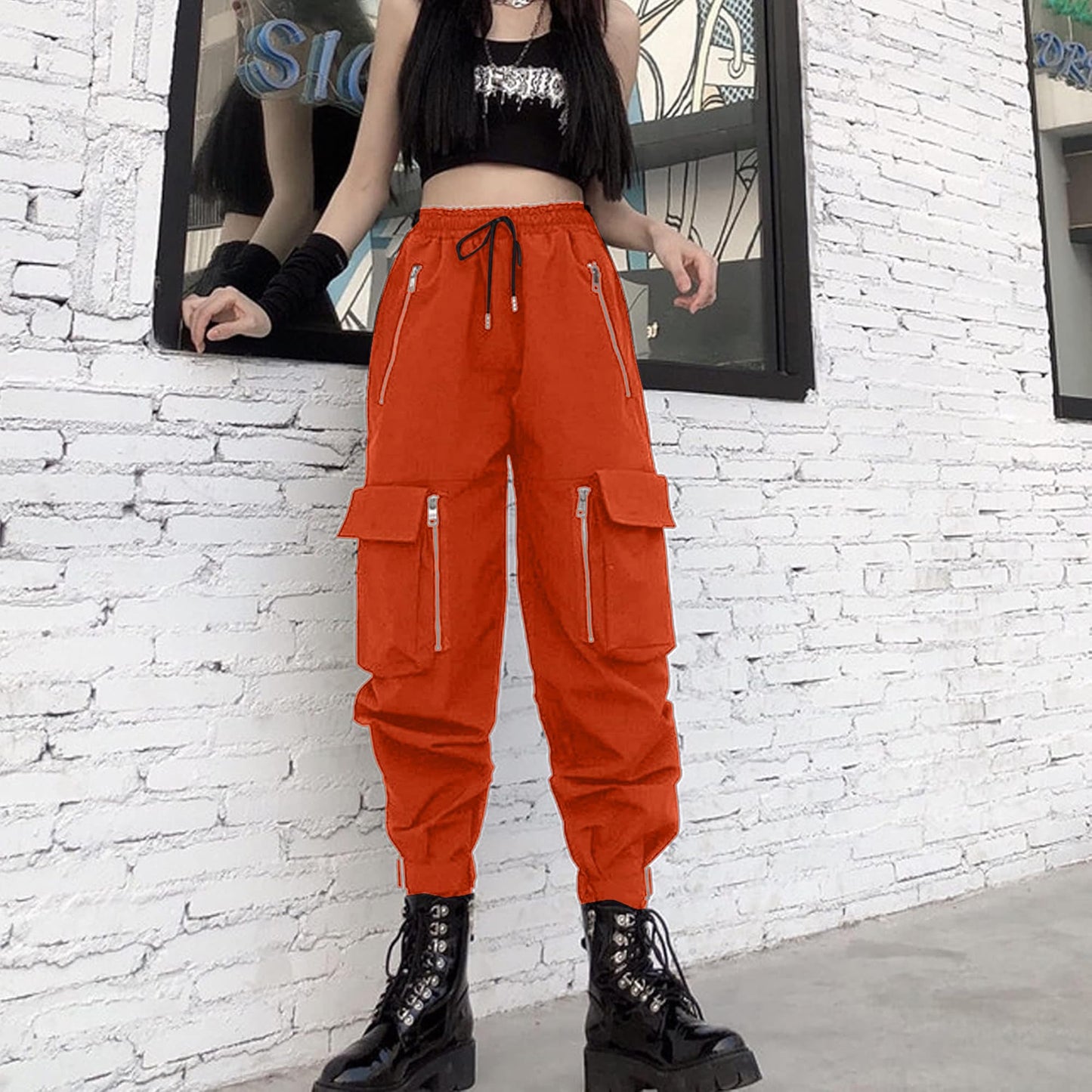 MEINVQIAOTI Halloween Orang Cargo Pants Women Loose Chained Gothic Pants Multi-Pocket Multi-Zip Punk Goth Pants (Orange,2XL)