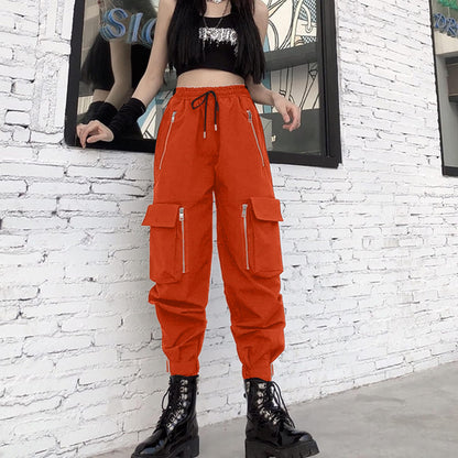 MEINVQIAOTI Halloween Orang Cargo Pants Women Loose Chained Gothic Pants Multi-Pocket Multi-Zip Punk Goth Pants (Orange,2XL)