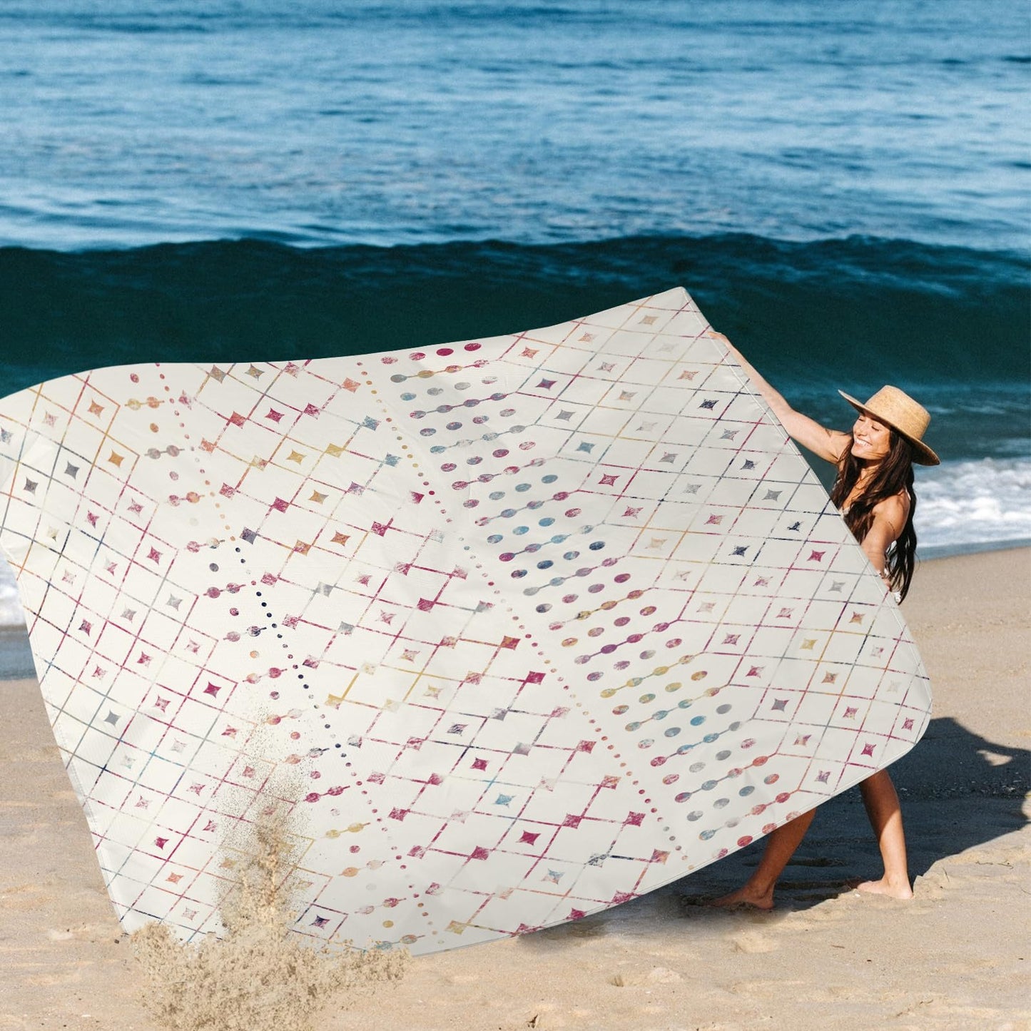 Boho Moroccan Beach Blanket Sandproof, Large 78"×86" Beach Mat Sand Free Waterproof Fits Up to 4 Adult, Compact Quick Dry Polyester Outdoor Picnic Blanket with Stakes for Travel, Camping, Hiking