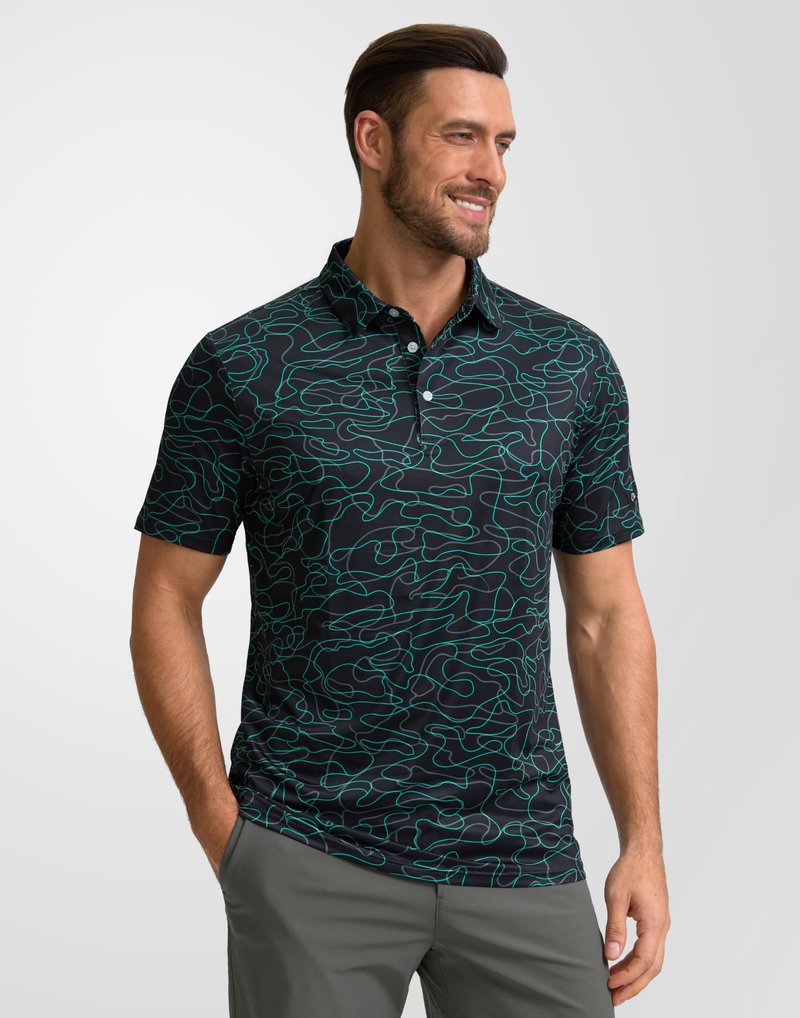 Obla Mens Golf Polo Shirts Short Sleeve Dry Fit Performance Moisture Wicking Casual Print Collared Golf Shirts for Men(Black Curve_S)