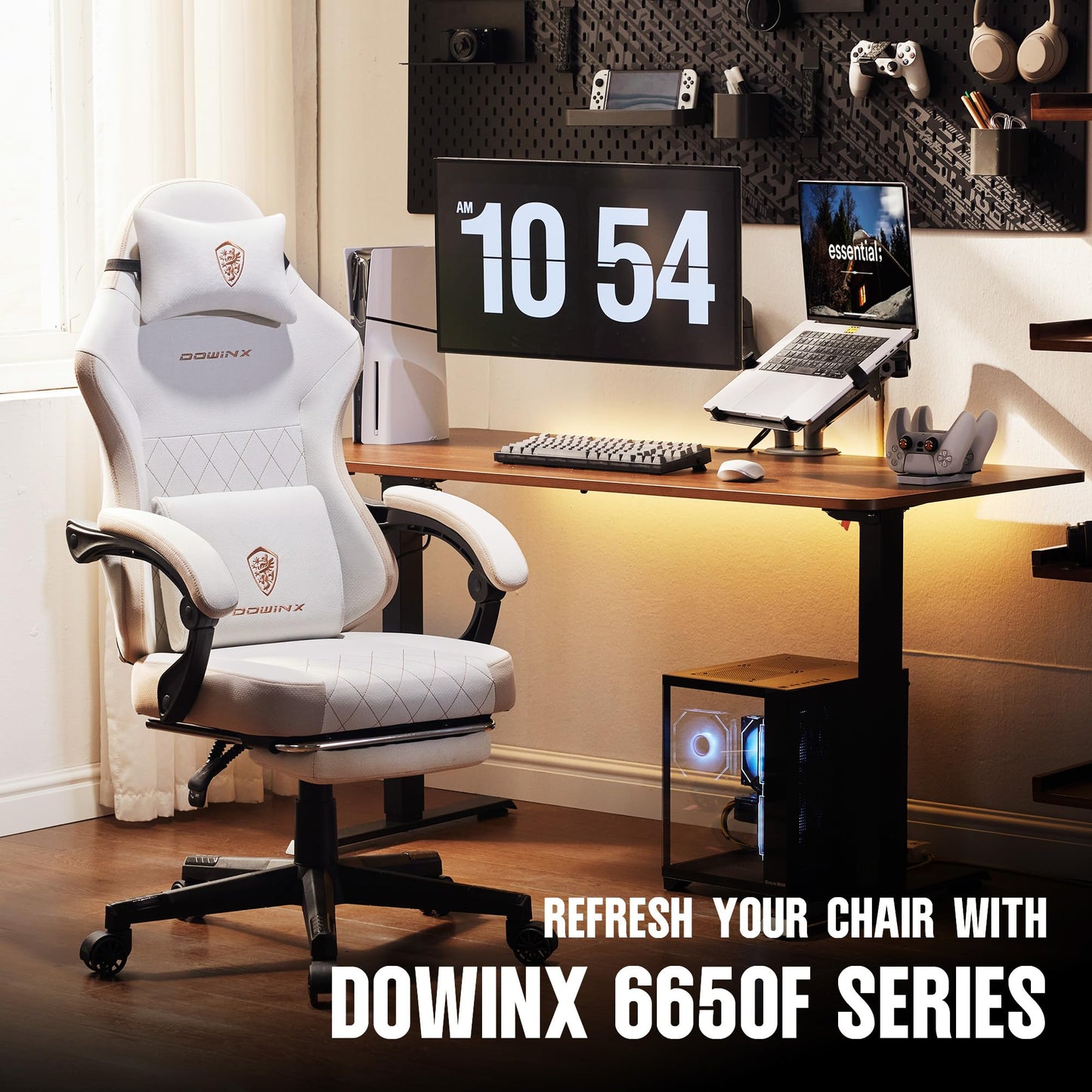 Dowinx Gaming Chair Fabric with Pocket Spring Cushion, High Back Ergonomic Computer Chair with Footrest for Adults, Massage Lumbar Support Swivel Game Chair for Office Gaming 300LBS, Beige