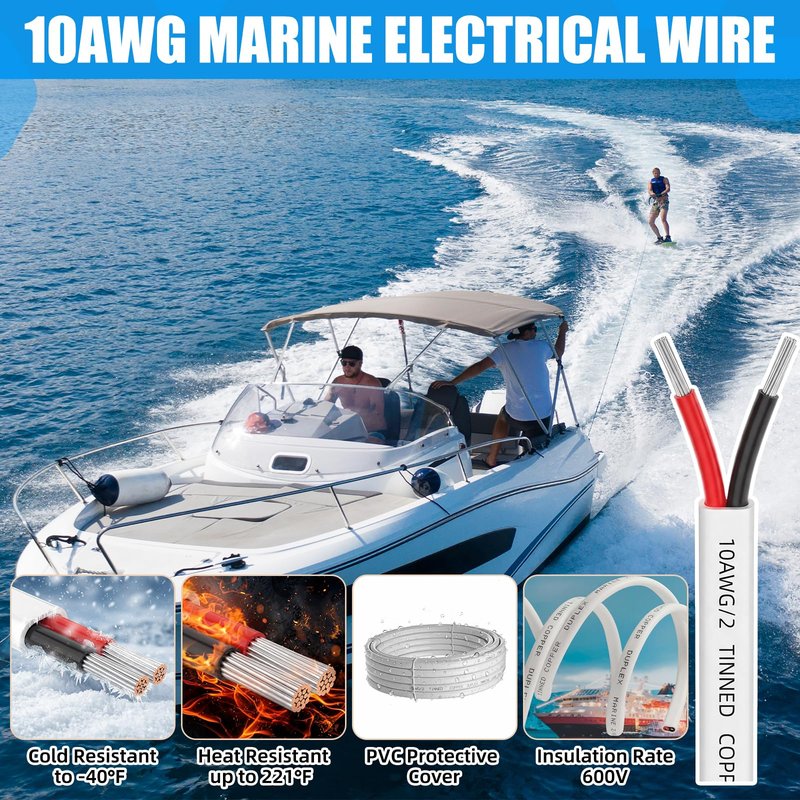 Saysurey 13 Pcs 10 Gauge 30ft Duplex Tinned Copper Marine Wire, 12v-24v 8 Gauge 2 Wire Trolling Motor Plug and 12v-48v 60amp Circuit Breaker and 4 Awg 3/8 Ring Marine Grade Copper Wires Lugs for Boat