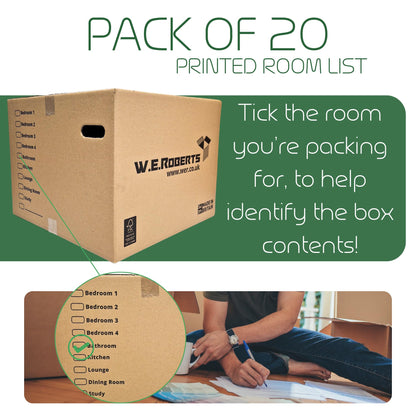 W.E. Roberts 10 Strong Extra Large Cardboard moving Boxes. Packing boxes for moving house with Printed Room List and Carry Handles 52cm x 52cm x 40cm cardboard Boxes