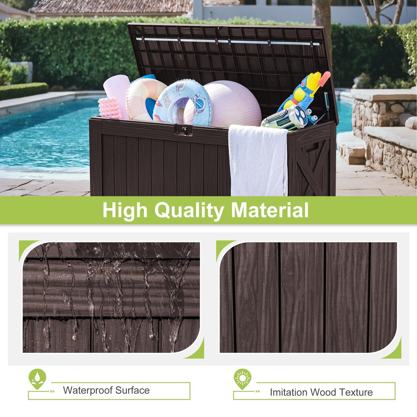 Greesum 120 Gallon Deck Box, Resin Outdoor Storage Container for Patio Furniture, Garden Tools, Pool Accessories, Weatherproof, Lockable, Brown