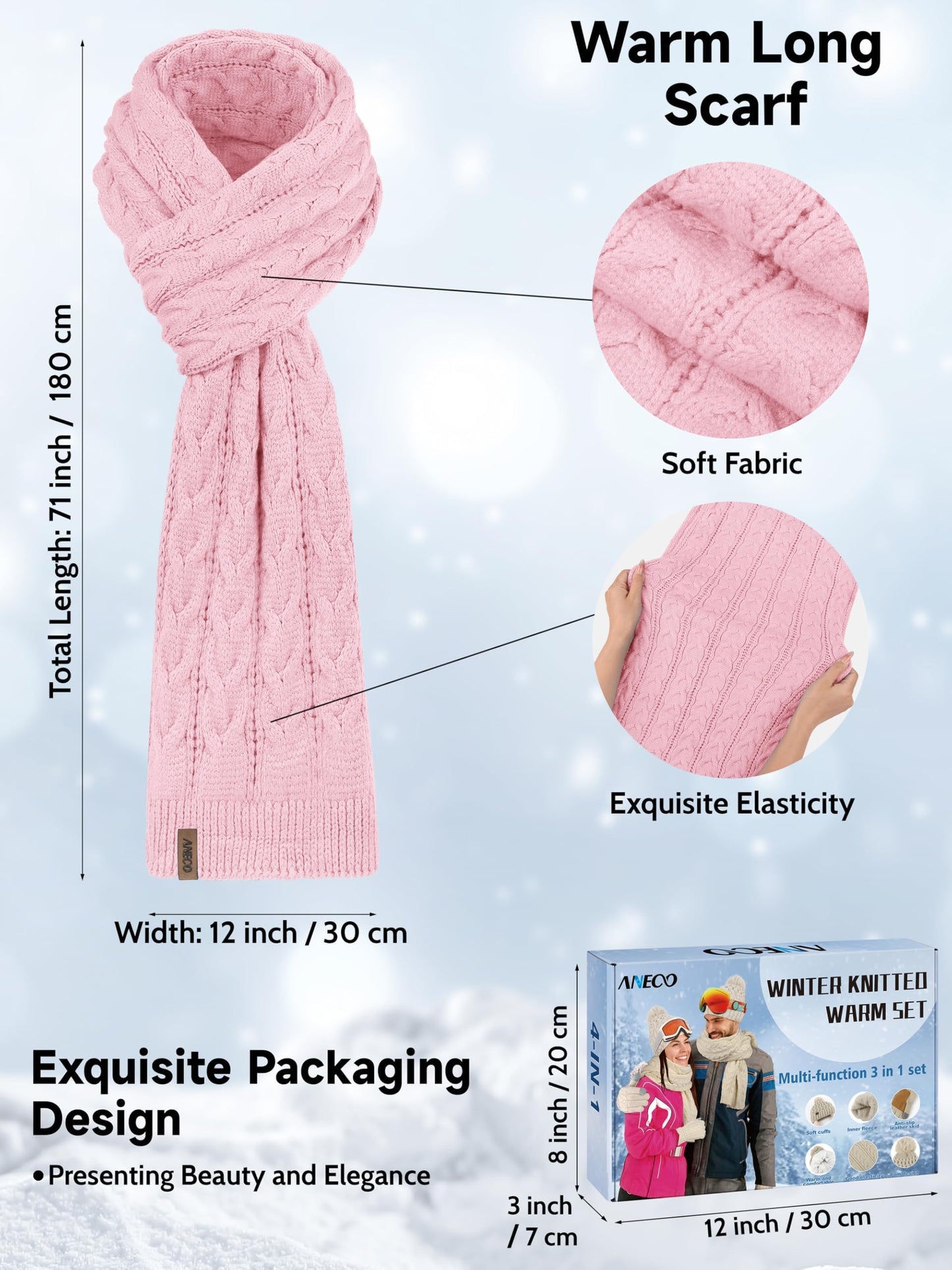 Aneco Winter Beanie Hat Scarf Gloves Ear Warmer Set for Women Fleece Lined Pom Pom Beanie Touchscreen Gloves 4 in 1 Set Pink