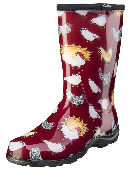 Sloggers Waterproof Garden Rain Boots for Women - Cute Mid-Calf Mud & Muck Boots with Premium Comfort Support Insole, (Chickens Barn Red), (Size 10) - Made in USA with US and Imported Parts