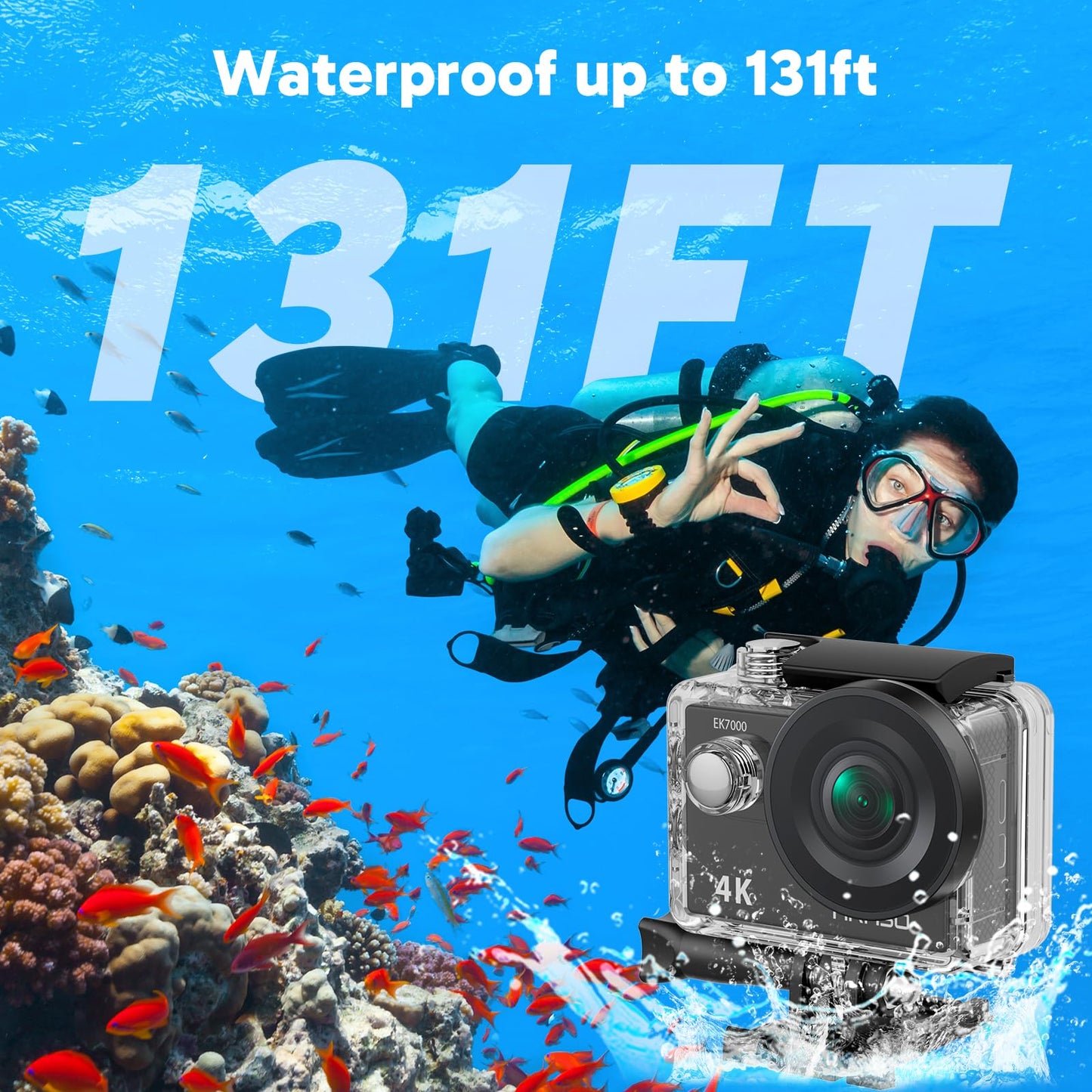 AKASO EK7000 4K30fps Action Camera with 128GB MicroSDXC U3 Memory Card Accessories Kit Bundle Ultra HD 131FT Waterproof Camera EIS WiFi Remote Control 4X Zoom Underwater Camera