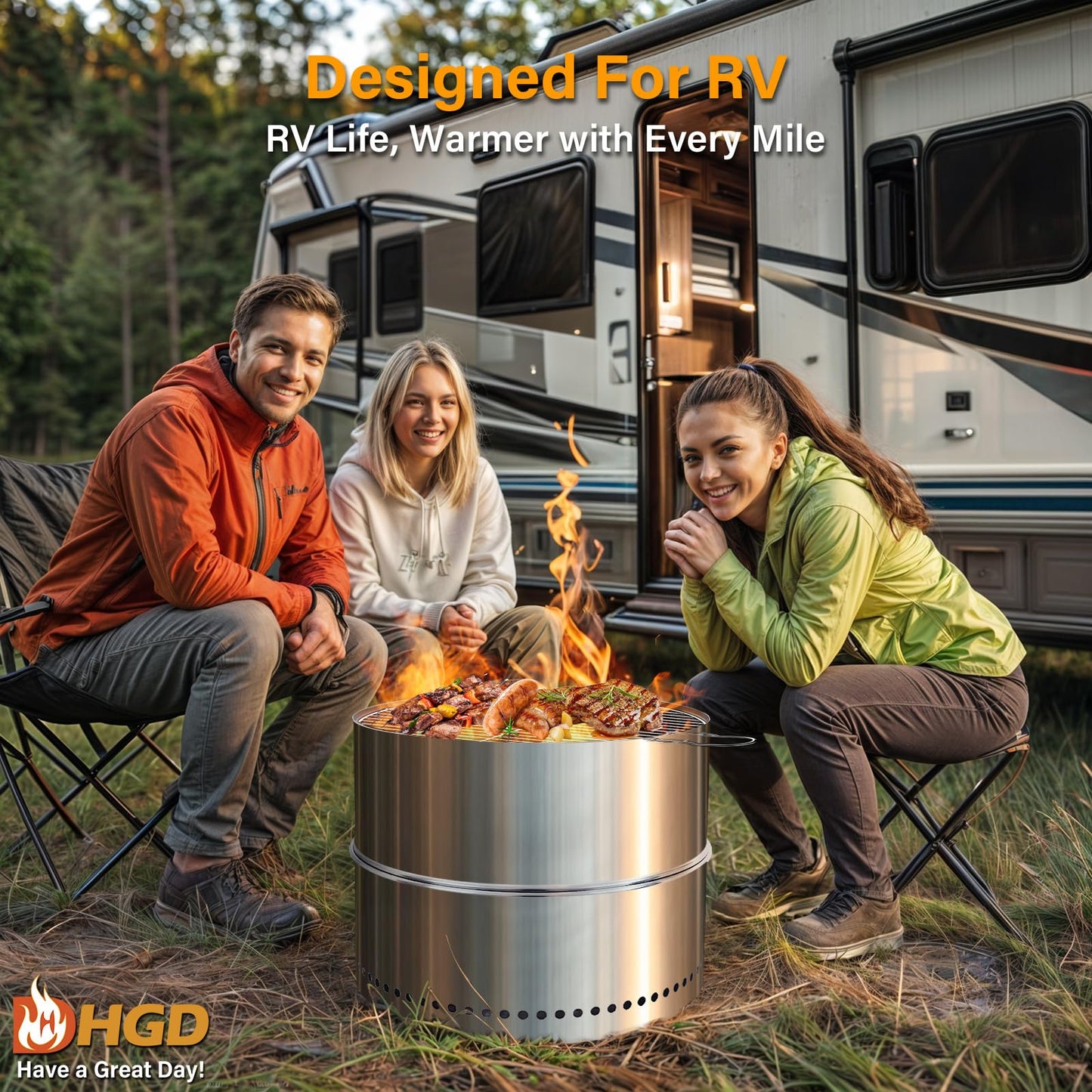 HGD 19.5 Inch Smokeless Firepit with Grill, Portable Wood Burning Fire Pit for Camping & Backyard, Stainless Steel Outdoor Fireplace with Travel Bag, Easy Setup & Compact Storage - Foldable Design