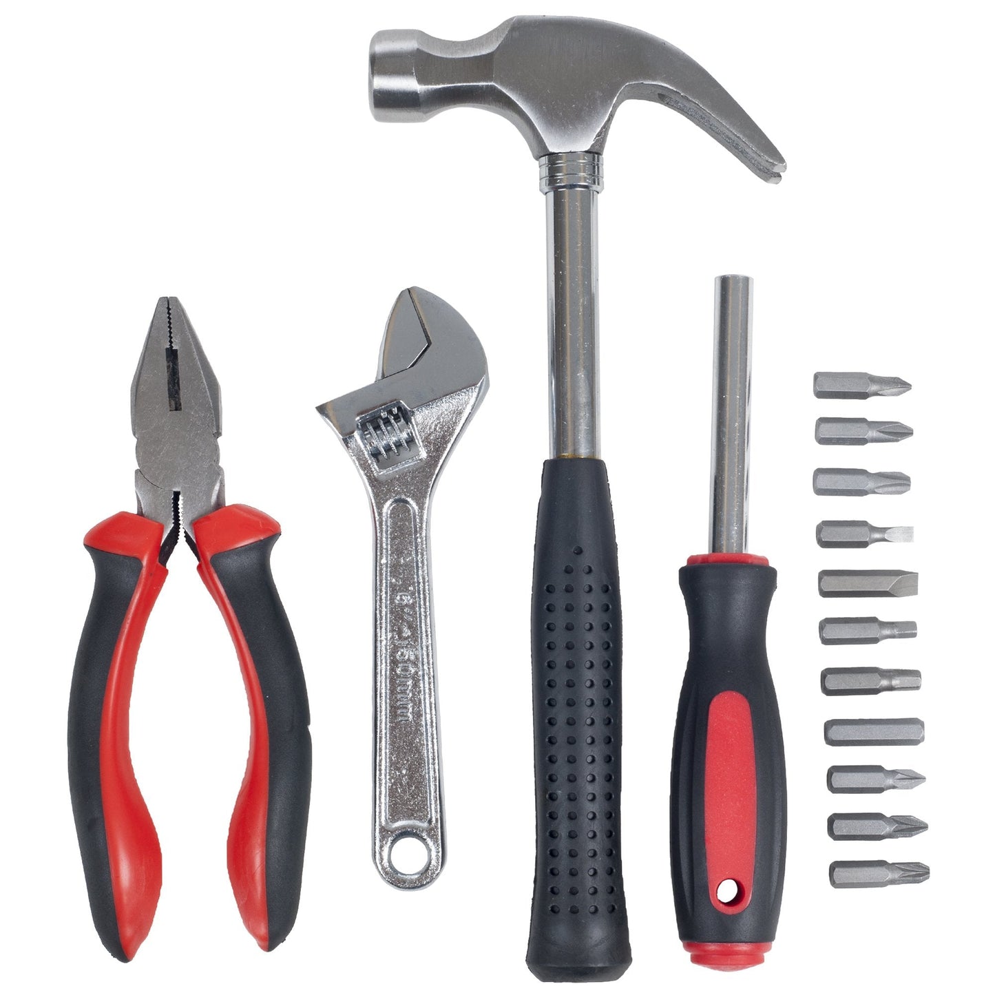 15-Piece Tool Set - Household Tool Kit with Hammer, Multi-Bit Screwdriver Set, Pliers, Wrench- Tools and Equipment for DIY Projects by Stalwart (Red)