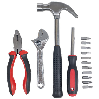 15-Piece Tool Set - Household Tool Kit with Hammer, Multi-Bit Screwdriver Set, Pliers, Wrench- Tools and Equipment for DIY Projects by Stalwart (Red)