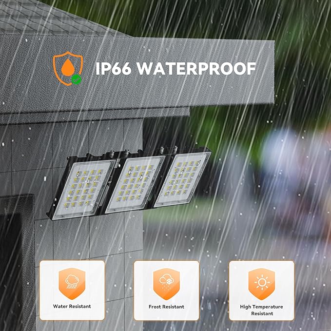 300W LED Outdoor Flood Light, 30000LM Super Bright Stadium Light, 6000K Daylight White, IP66 Waterproof 3 Heads Adjustable Outdoor Floodlights, Backyard, Court, Garden(2 Pack)