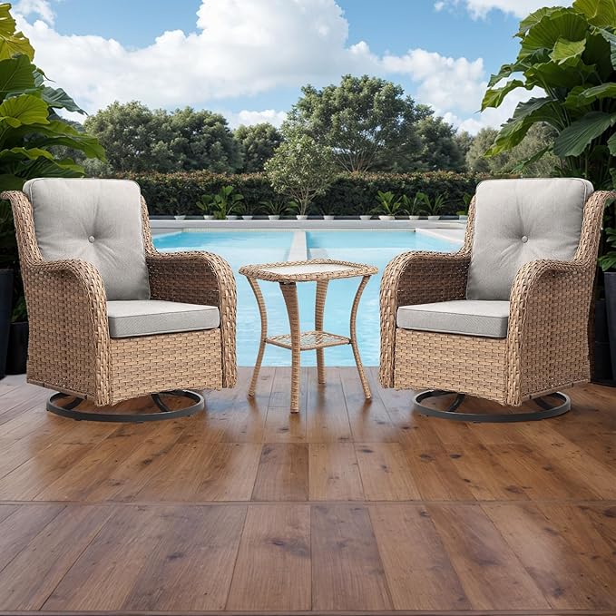 Rilyson Patio Chairs Rocking Swivel Chiar - 3 Piece Outdoor Wicker Patio Bistro Set Rattan Rocker Glider Chairs with High Back and Deep Seating for Outside Porch Deck Garden(Yellow/Beige)