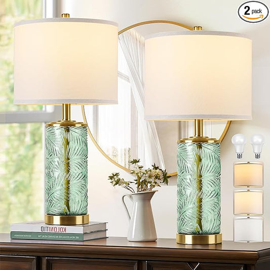 QiMH Glass Table Lamp Set of 2, Modern Gold Bedside Lamp with Stereo Palm Leaves Vein Glass for Living Room, Green Nightstand Lamps for Bedroom Home Office Reading Decor(Bulbs & Shades Included)