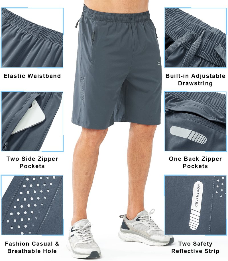 NORTHYARD Men's Athletic Running Shorts Gym Workout 7"/9"/5" Quick Dry Lightweight Sports Basketball Tennis 3 Zipper Pockets COOLGREY-9inch L
