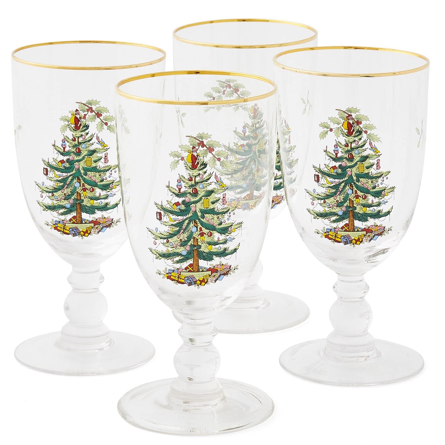Spode Christmas Tree Gold 16oz Pedestal Goblets (Set of 4) - Gold Rimmed Glasses, Festive Holiday Drinkware for Christmas Dinner, Wedding Gifts - Holiday Glassware for Wine, Cocktails & Martinis