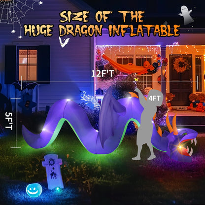 12FT Halloween Inflatables Outdoor Decoration, Large Flying Dragon with Openning Red Mouth Blow Up, Giant Outside Hanging Inflatable with 7 LEDs Light Up for Holiday Yard Lawn Patio Parties Display