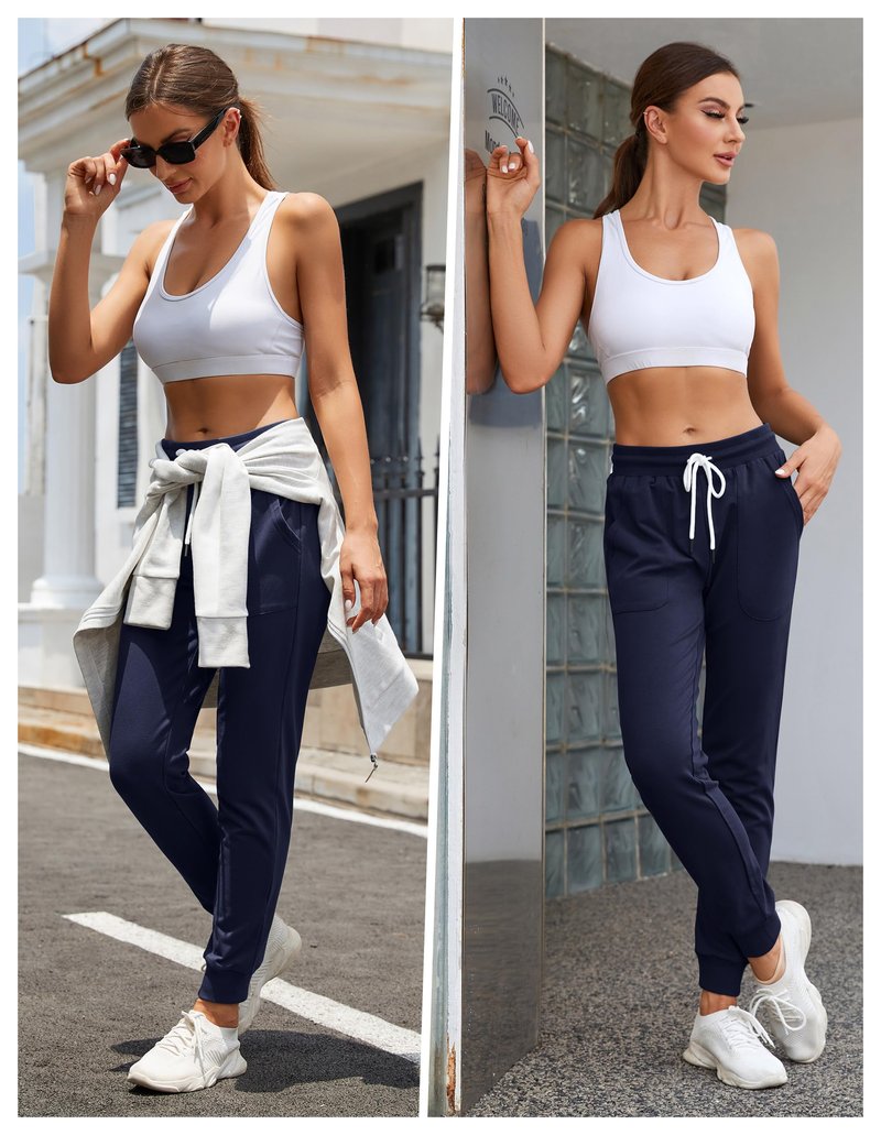 SPECIALMAGIC Women's Tapered Sweatpants with Pockets Athletic Cotton Joggers Drawstring Casual Sweat Pants for Female Long Navy L