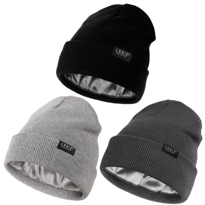 3 Pack Satin Lined Beanie Hats for Women Men Winter Silk Lined Soft Warm Knit Cuffed Beanies Cotton Crochet Slouchy Skull Cap
