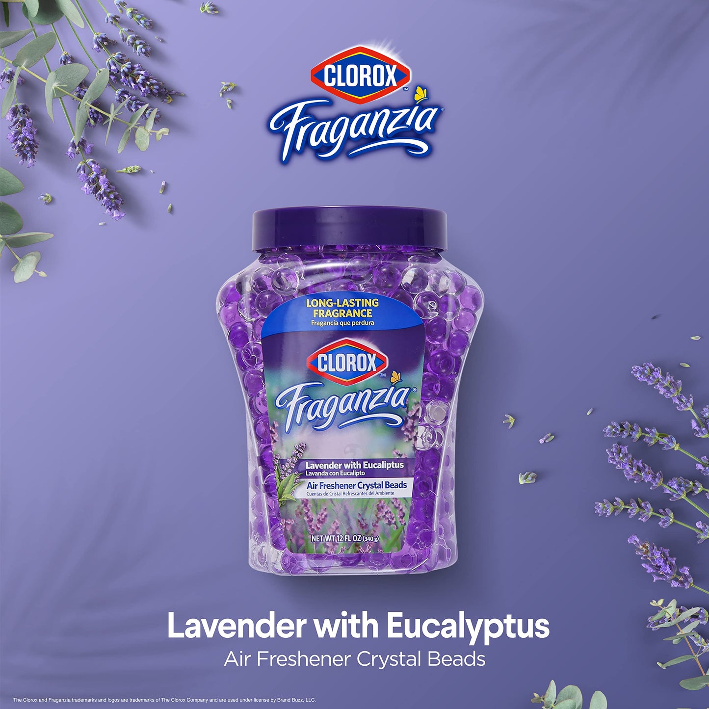 Clorox Fraganzia Crystal Beads Air Freshener in Lavender with Eucalyptus Scent - Long-Lasting Room Deodorizer - Odor Eliminator Gel Beads to Freshen Home, Car, or Office, 12 Fl Oz