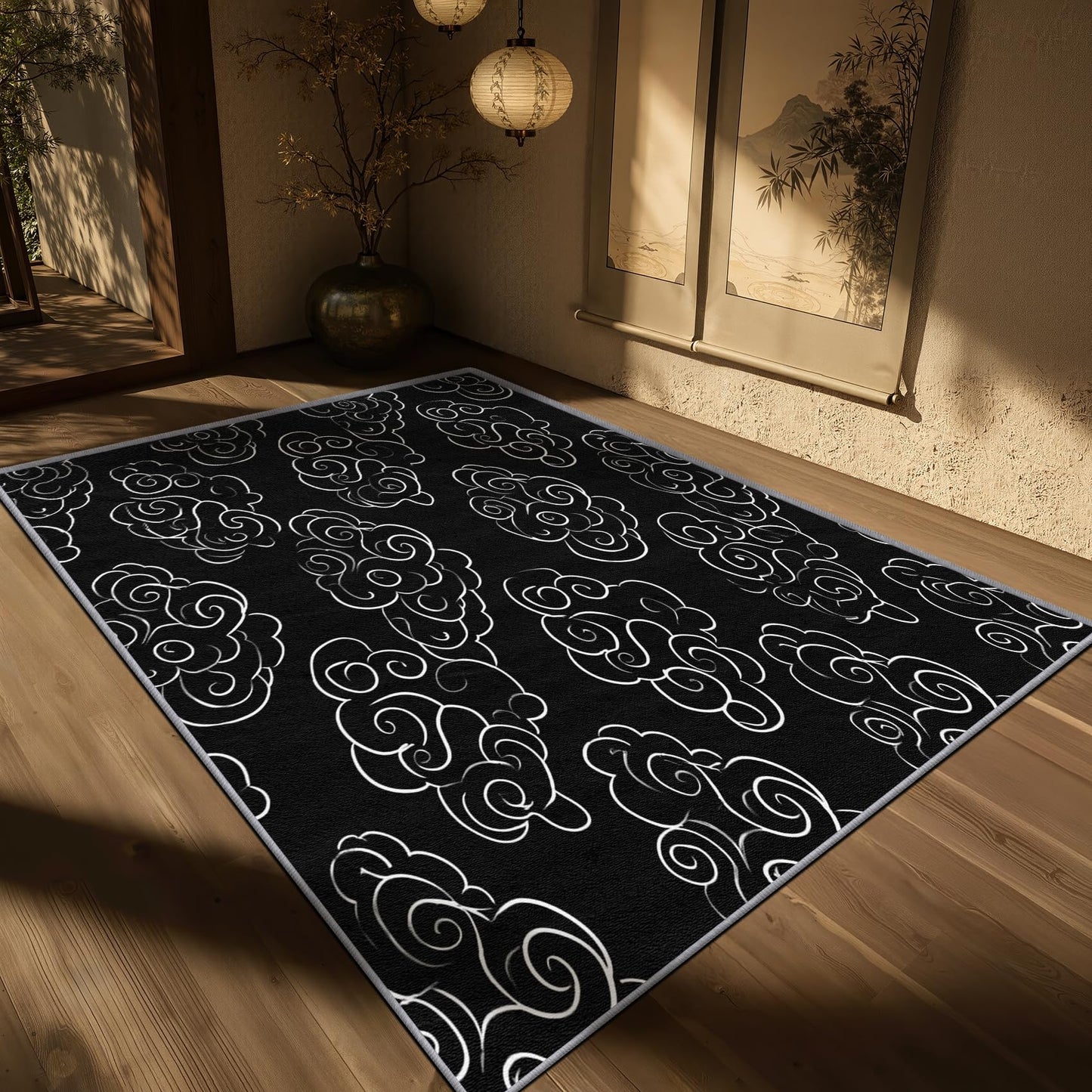 Aquailis Japanese Rugs for Living Room - 2x3 Rug, Cloud Area Rug, Black and White Washable Non Slip Soft Rugs, Asian Oriental Carpet, Minimalist Cloud Home Decor, Japanese Gifts for Women
