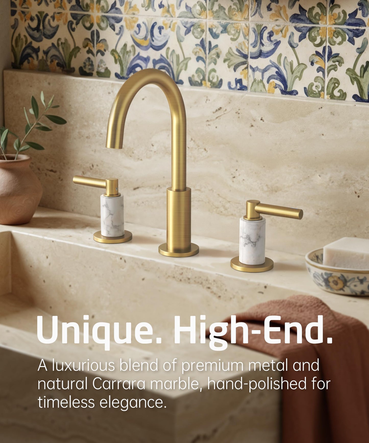KES Natural Italian Carrara Marble Brushed Gold Bathroom Faucet 3 Hole with All Metal Pop Up Sink Drain, 8 Inch Widespread Bathroom Sink Faucet for Vanity, 360° Swivel Spout, 18/8 Stainless Steel