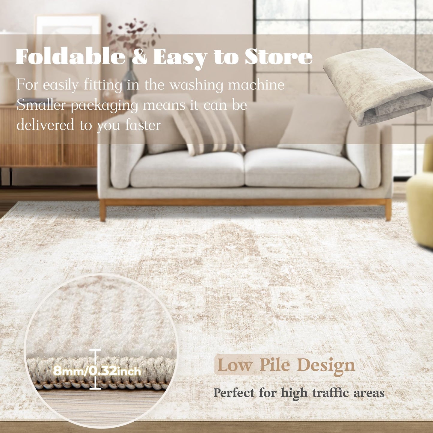 VECARF Area Rug 6x9 Washable Rug, Vintage Boho Medallion Rugs Non-Slip Soft Low Pile Large Distressed Rug Indoor Retro Carpet for Living Room Bedroom Dining Room Home Office (Beige, 6'x9')