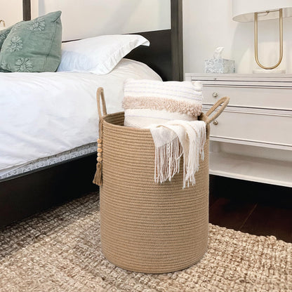 Goodpick Boho Jute Laundry Hamper Basket, Wicker Laundry Basket with Handles, Tall Baby Nursery Hamper, Large Woven Blanket Storage for Living Room, Bedroom, 16" x 20"