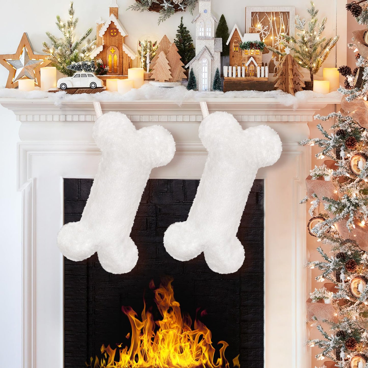 Malier Dog Christmas Stocking, Xmas Luxury Faux Fur Large Bone Shape Hanging with Silver & Gold Snowflakes Sequin Decorations Pets Christmas Dog Stockings for Dogs Cats Pets (Whith)