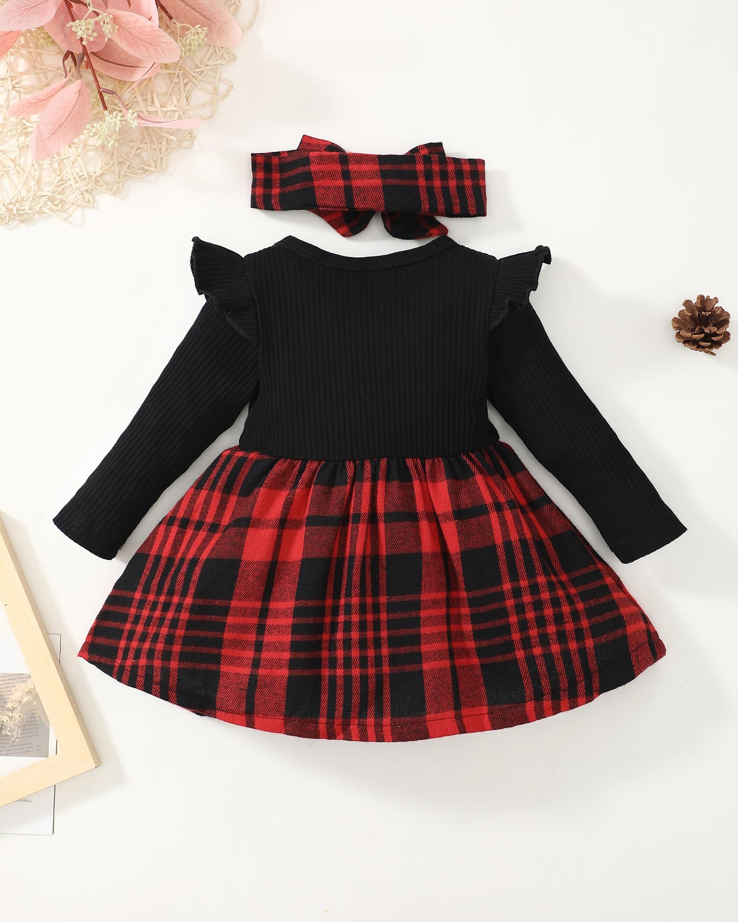 Baby Girl Christmas Outfits 6-9 Months 9-12 Month Girl Clothes Infant Girls Winter Dress Fall Spring Gifts Ribbed Ruffle Long Sleeve Red Plaid Dresses for Girls