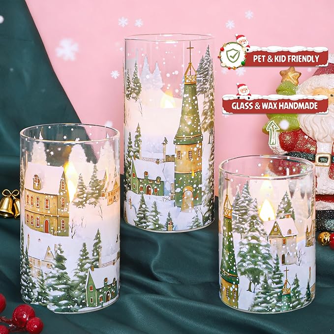 Christmas Flickering Flameless Candles Village House Decor Glass Real Wax LED Battery Operated Pillar Candle with Remote Timer Christmas Church Decorations for Home Party, Winter Holiday DIY, Gifts