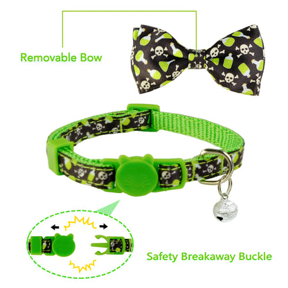 2 Pack Halloween Cat Collar with Bell, Holiday Kitty Kitten Skull and White Ghost Patterns for Boys Girls Males Female Cats