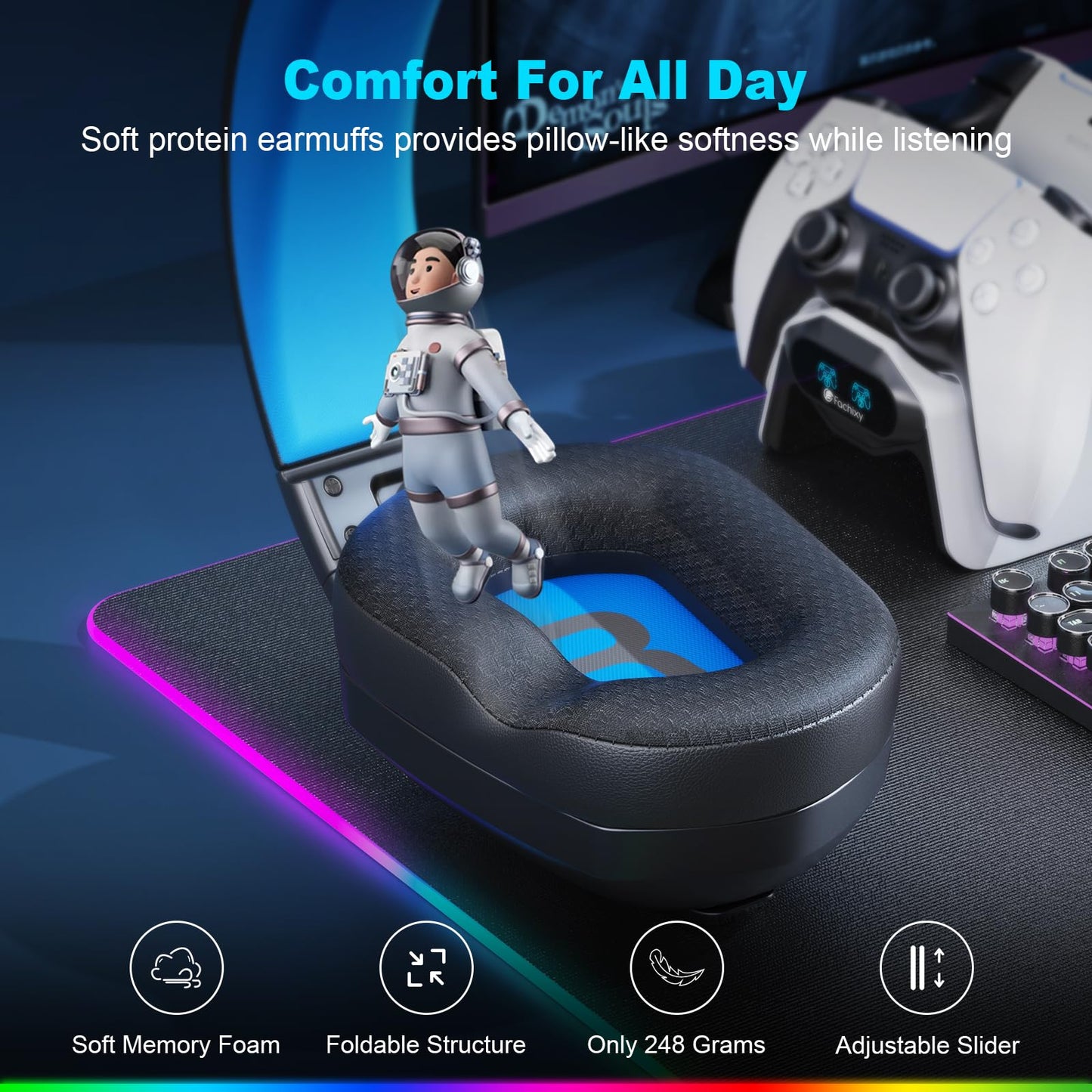 Fachixy Wireless Gaming Headset with Microphone for PC, PS5, PS4, Bluetooth Gaming Headphones - Fast Charge 50Hr Battery, Cool LED Lights for Switch, Laptop, Mobile, Mac 2.4GHz Gamer Headset