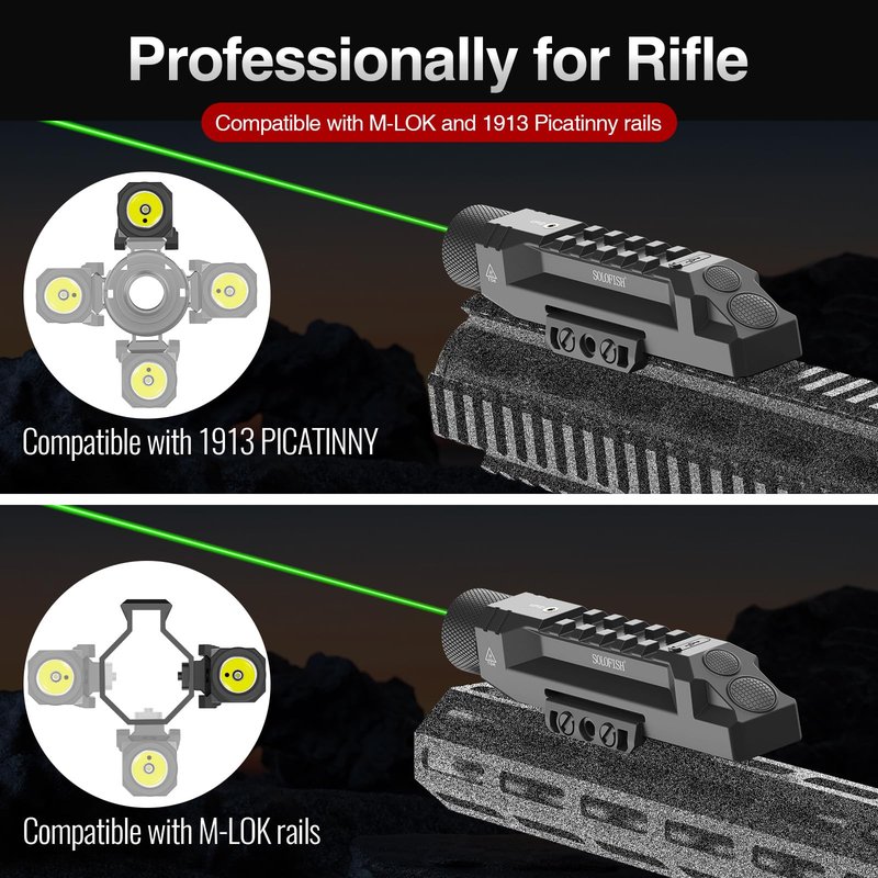 Solofish 1750 Lumens Green Laser Light Combo is Compatible with Picatinny/Mlok Rail for Rifle, Rechargeable Weapon Flashlight with Strobe/Momentary, with Power Level Indicator