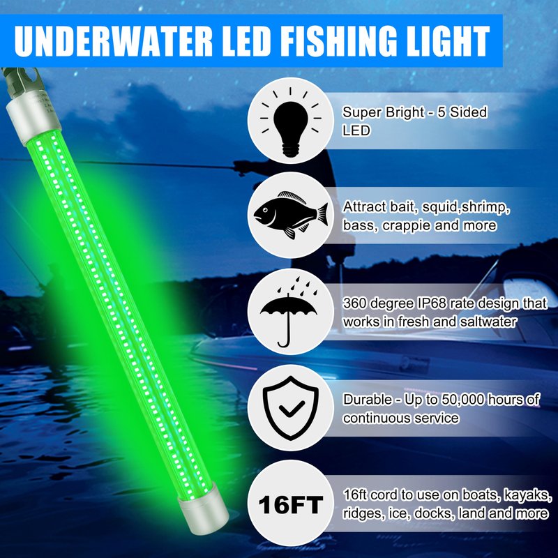 AGOOL Underwater Green Fishing Light Super Bright 80W 40000 Lumens 12V LED Deep Drop Night Fishing Light Submersible Fishing Bait Finder Shrimping Lights for Snook Crappie Shrimp Squid Fish