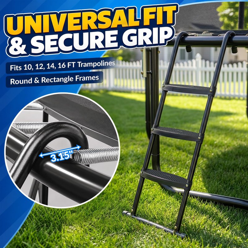 Gardenature Trampoline Ladder 3 Step with Wide Flat Steps, Universal Trampoline Stairs for Kids, Rust-Resistant Heavy Duty Trampoline Accessories for 10 12 14 16 FT Round & Rectangle Frames, Black