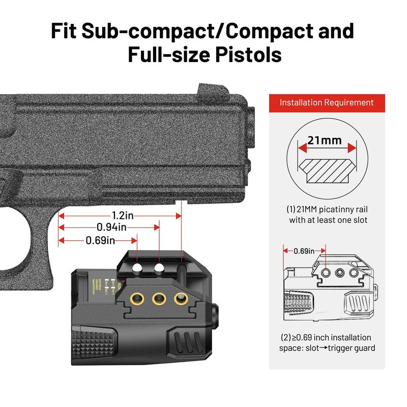 EZshoot Sub-Compact Pistol Laser Sight, Red Laser Sight for Pistol Handgun, Rechargeable Low Profile Laser Beam for 21MM Picatinny Rail Mount, Strobe Mode Available, Ambidextrous Switch