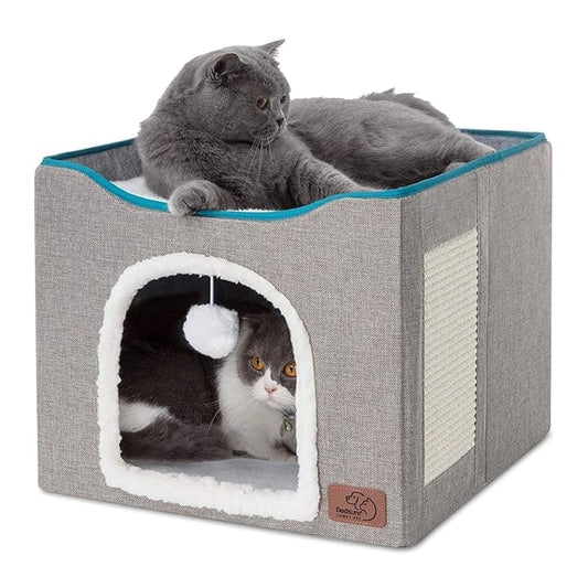 Bedsure Cat Beds for Indoor Cats - Large Cat Cave for Pet Cat House with Fluffy Ball Hanging and Scratch Pad, Foldable Cat Hideaway, 16.5x16.5x13 inches, Grey